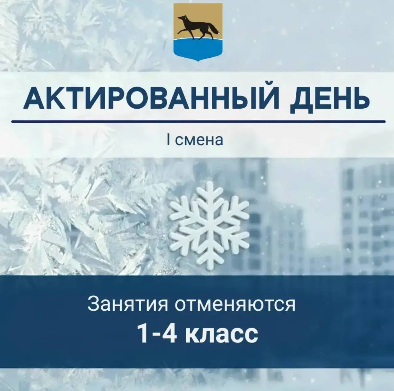 Администрация города сообщает, что в связи с низкой температурой воздуха 11.03.2026 в муниципальных общеобразовательных учреждениях Сургута отменяются занятия для 1-4 классов 1 смены